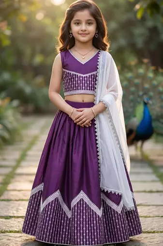 Purple embroidered thread work lehenga blouse with dupatta for girls