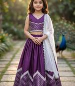 Purple embroidered thread work lehenga blouse with dupatta for girls