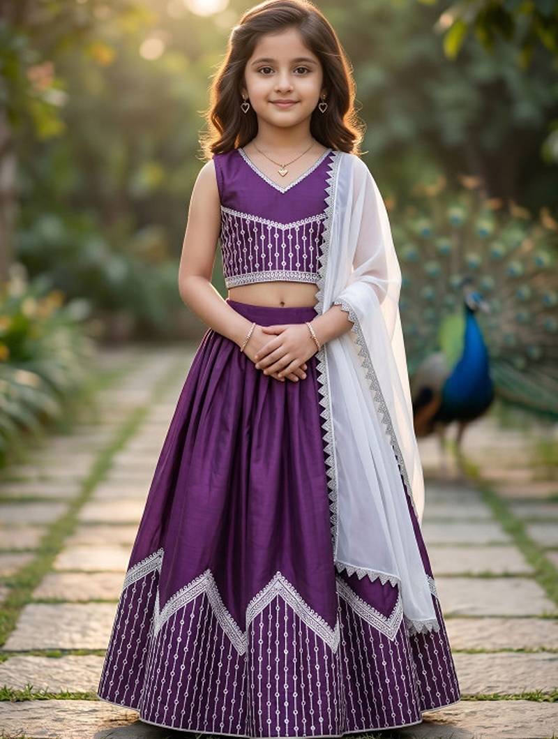 Purple embroidered thread work lehenga blouse with dupatta for girls