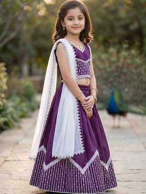 Purple embroidered thread work lehenga blouse with dupatta for girls 2