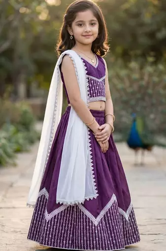 Purple embroidered thread work lehenga blouse with dupatta for girls