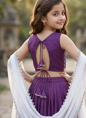 Purple embroidered thread work lehenga blouse with dupatta for girls 3