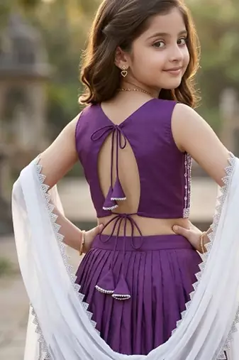 Purple embroidered thread work lehenga blouse with dupatta for girls