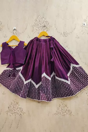 Purple embroidered thread work lehenga blouse with dupatta for girls