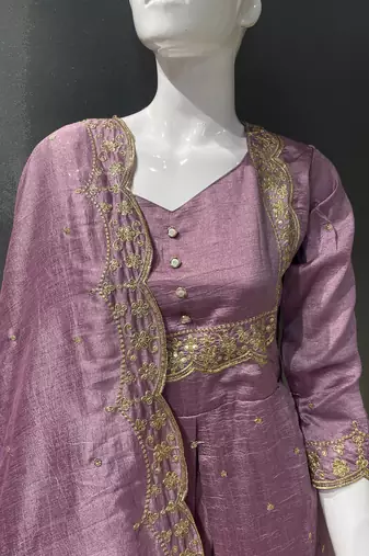 Lavender embroidered vichitra silk fully stitched lehenga set with dupatta