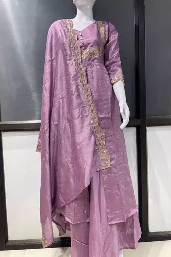 Lavender embroidered vichitra silk fully stitched lehenga set with dupatta