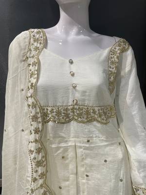 White embroidered vichitra silk fully stitched lehenga set with dupatta 5