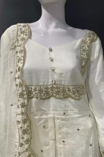 White embroidered vichitra silk fully stitched lehenga set with dupatta