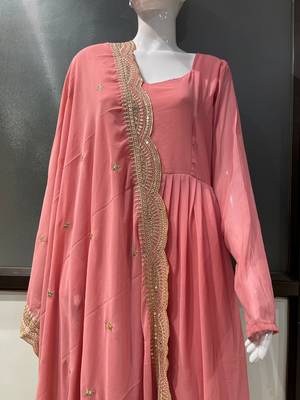 Baby pink georgette stitched anarkali gown with zari embroidered dupatta ethnic wear 5