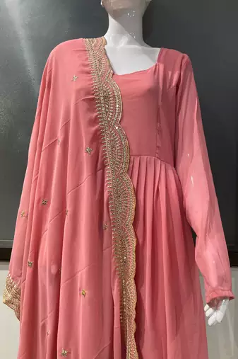Baby pink georgette stitched anarkali gown with zari embroidered dupatta ethnic wear