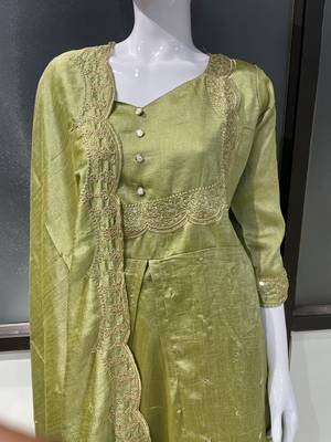 Olive green embroidered vichitra silk fully stitched lehenga set with dupatta 5