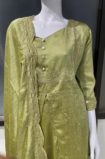 Olive green embroidered vichitra silk fully stitched lehenga set with dupatta