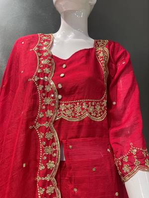 Red embroidered vichitra silk fully stitched lehenga set with dupatta 5