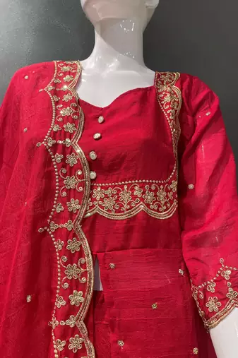 Red embroidered vichitra silk fully stitched lehenga set with dupatta