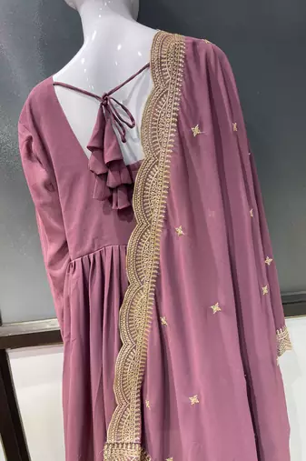 Lavender georgette stitched anarkali gown with zari embroidered dupatta ethnic wear