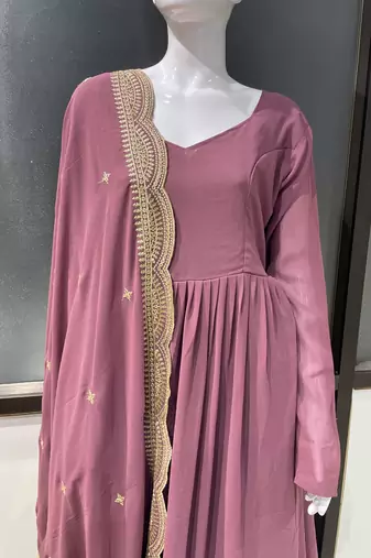 Lavender georgette stitched anarkali gown with zari embroidered dupatta ethnic wear