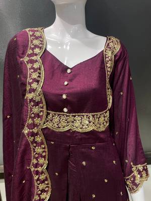 Wine embroidered vichitra silk fully stitched lehenga set with dupatta 4