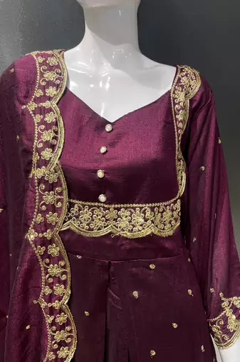 Wine embroidered vichitra silk fully stitched lehenga set with dupatta