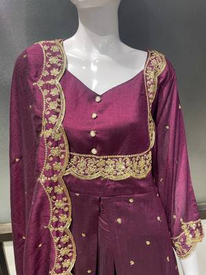 Wine embroidered vichitra silk fully stitched lehenga set with dupatta 5