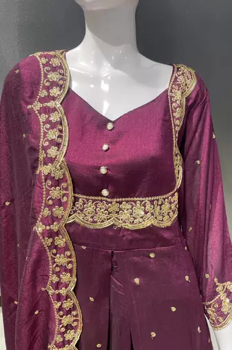 Wine embroidered vichitra silk fully stitched lehenga set with dupatta