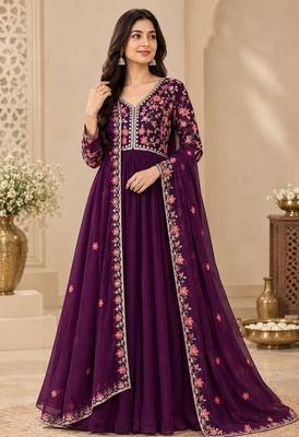 Purple Embroidered Pure Georgette Straight Suit with Organza Dupatta Cut Work Ethnic Wear 1