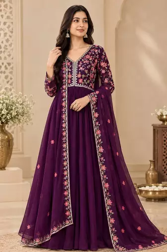 Purple Embroidered Pure Georgette Straight Suit with Organza Dupatta Cut Work Ethnic Wear