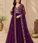 Purple Embroidered Pure Georgette Straight Suit with Organza Dupatta Cut Work Ethnic Wear