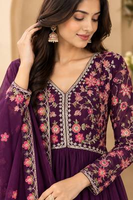 Purple Embroidered Pure Georgette Straight Suit with Organza Dupatta Cut Work Ethnic Wear 2