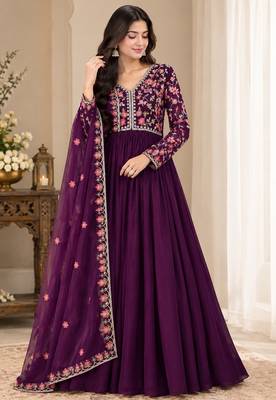 Purple Embroidered Pure Georgette Straight Suit with Organza Dupatta Cut Work Ethnic Wear 3