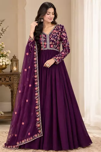 Purple Embroidered Pure Georgette Straight Suit with Organza Dupatta Cut Work Ethnic Wear
