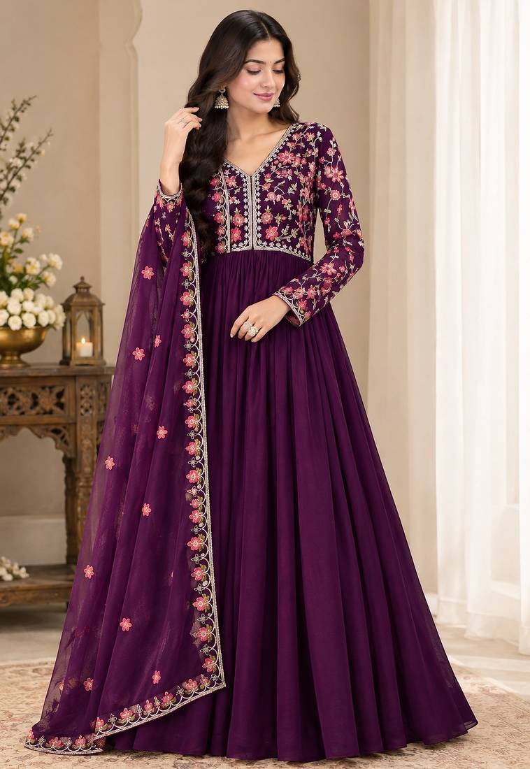 Purple Embroidered Pure Georgette Straight Suit with Organza Dupatta Cut Work Ethnic Wear