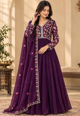 Purple Embroidered Pure Georgette Straight Suit with Organza Dupatta Cut Work Ethnic Wear 4