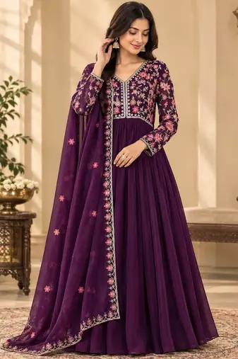 Purple Embroidered Pure Georgette Straight Suit with Organza Dupatta Cut Work Ethnic Wear