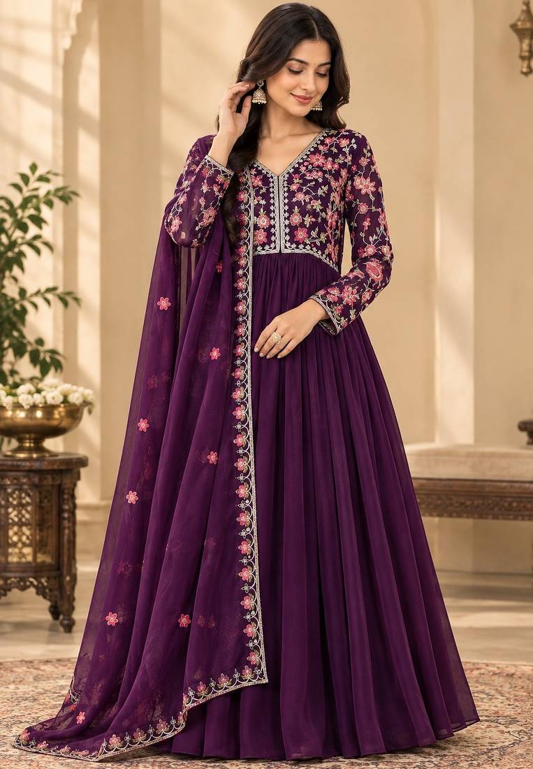 Purple Embroidered Pure Georgette Straight Suit with Organza Dupatta Cut Work Ethnic Wear