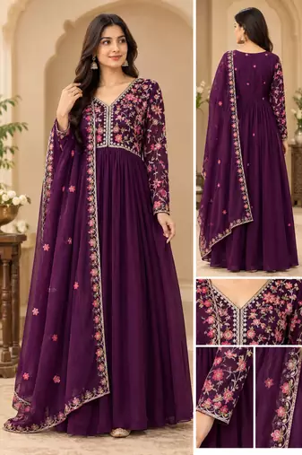 Purple Embroidered Pure Georgette Straight Suit with Organza Dupatta Cut Work Ethnic Wear