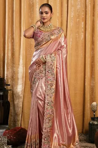 Light pink magenta silk blend embroidered wedding Saree with blouse 