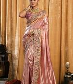 Light pink magenta silk blend embroidered wedding Saree with blouse 