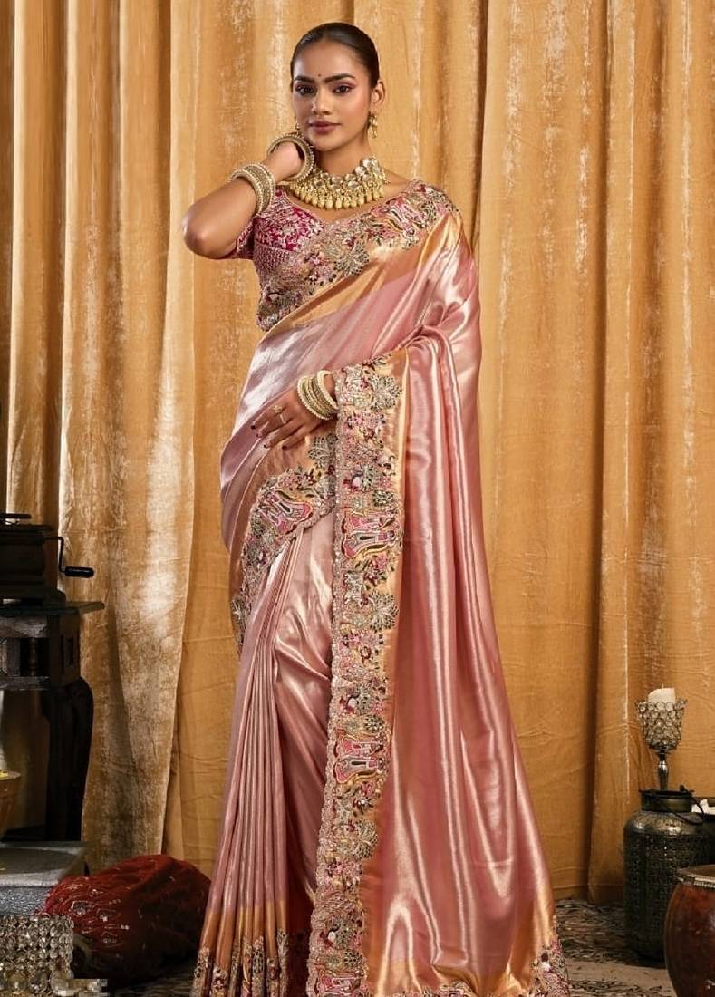 Light pink magenta silk blend embroidered wedding Saree with blouse 