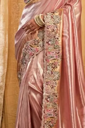 Light pink magenta silk blend embroidered wedding Saree with blouse 