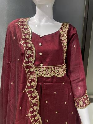 Brown embroidered vichitra silk fully stitched lehenga set with dupatta 5