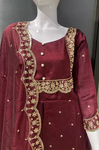 Brown embroidered vichitra silk fully stitched lehenga set with dupatta