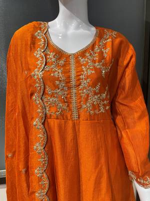 Orange embroidered vichitra silk stitched kurta pant with dupatta ethnic wear suit set 4