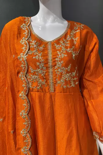Orange embroidered vichitra silk stitched kurta pant with dupatta ethnic wear suit set