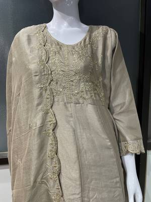 Beige embroidered vichitra silk fully stitched anarkali suit set with dupatta & straight pant 5