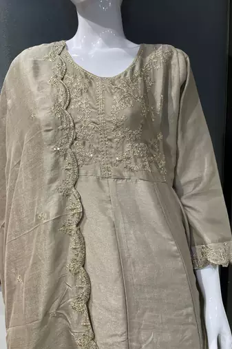 Beige embroidered vichitra silk fully stitched anarkali suit set with dupatta & straight pant