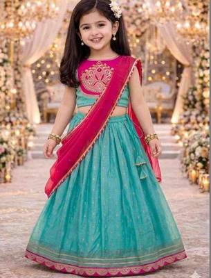 Turquoise blue embroidered thread work ready to wear lehenega choli with dupatta for girls 1