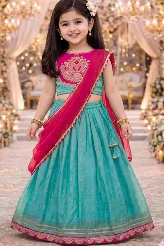 Turquoise blue embroidered thread work ready to wear lehenega choli with dupatta for girls
