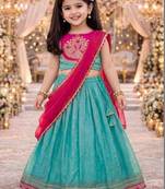 Turquoise blue embroidered thread work ready to wear lehenega choli with dupatta for girls