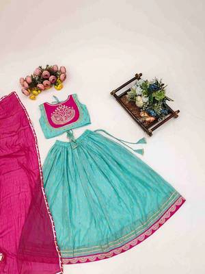 Turquoise blue embroidered thread work ready to wear lehenega choli with dupatta for girls 2