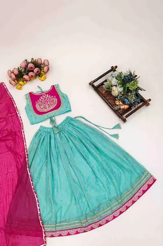 Turquoise blue embroidered thread work ready to wear lehenega choli with dupatta for girls